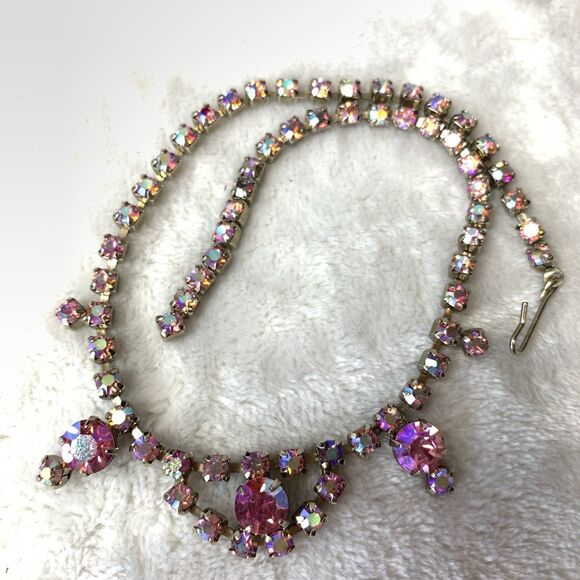 Lot 6 Vintage Pink Rhinestone Jewelry AB Stones Earrings Signed La Roco Necklace - Picture 7 of 15